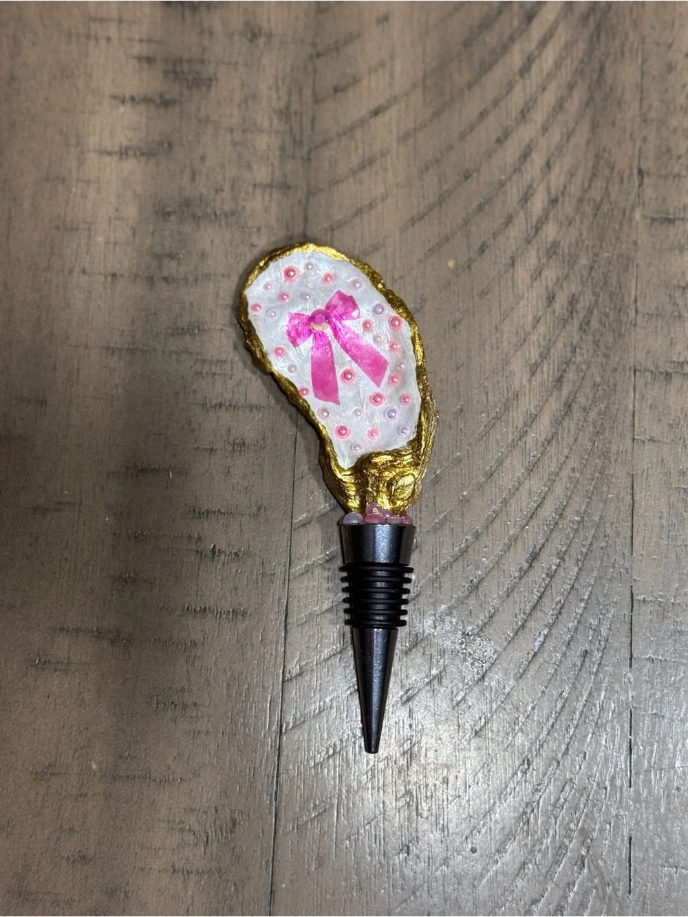 Handmade Gold & Pink Beaded Wine Stopper with Bow Detail